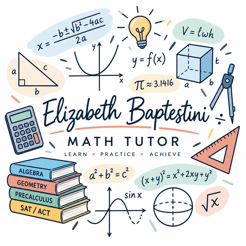 Elizabeth Baptestini, Math Tutor — learn, practice, achieve. Illustrated with algebra, geometry, precalculus and SAT/ACT books alongside formulas and graphs.
